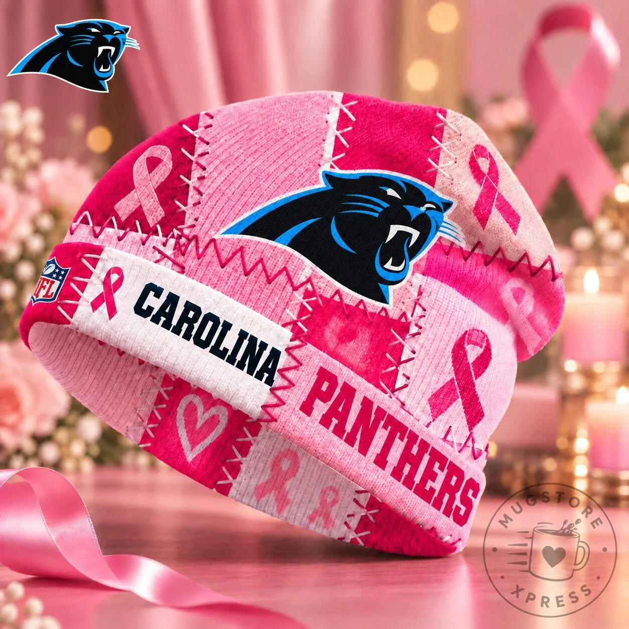 Carolina Panthers NFL Breast Cancer Awareness Pink Ribbon Patchwork Beanie Hat