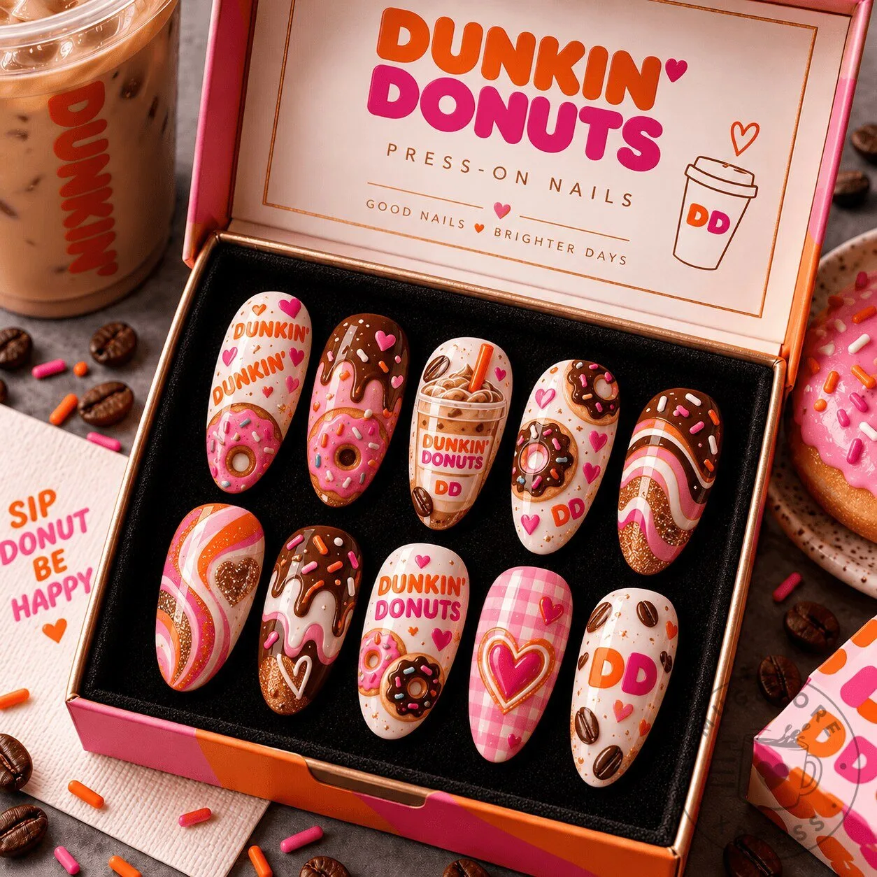 Dunkin' Donuts Coffee and Sprinkles Themed Press-On Nails Set for Sweet Treat Fans