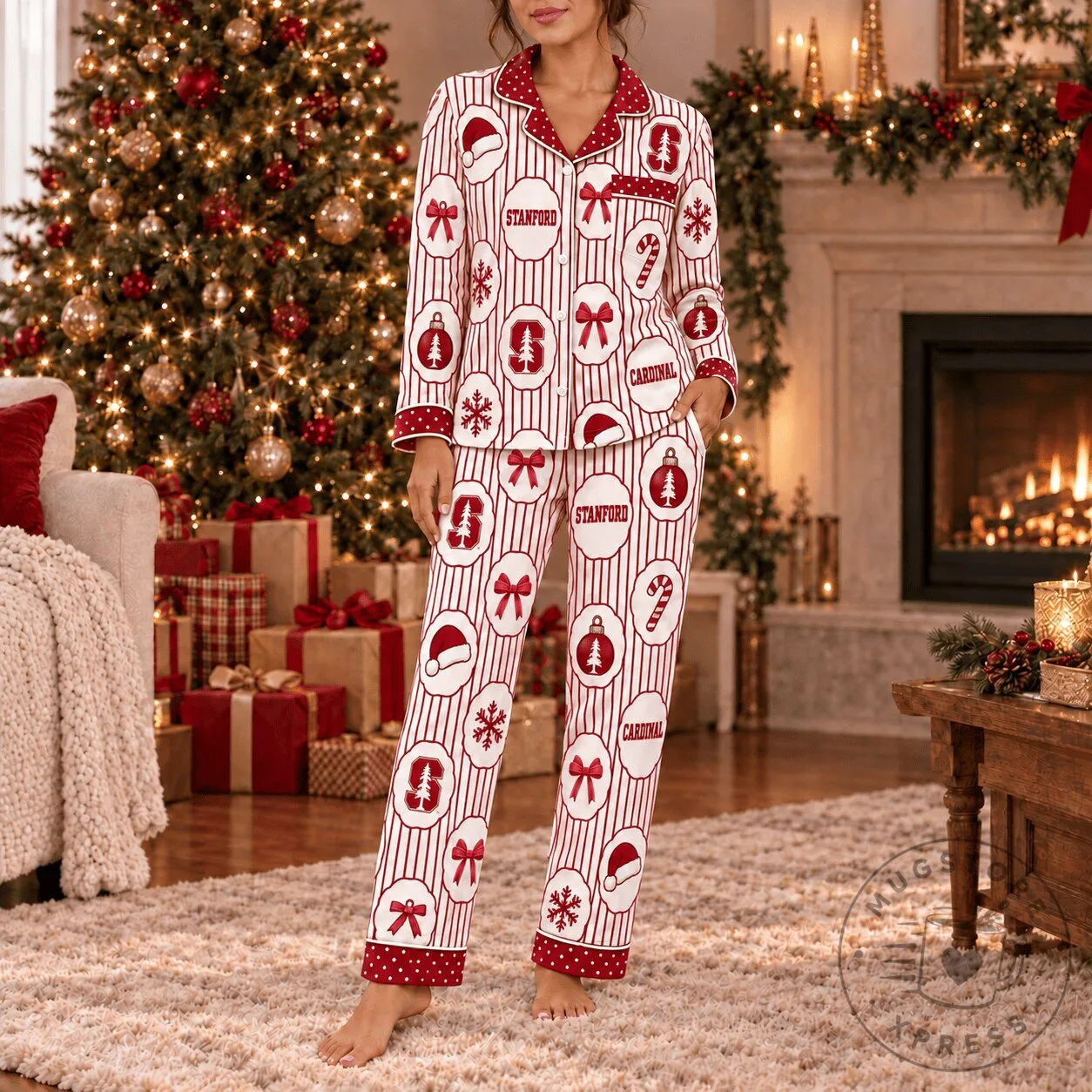 Stanford Cardinal Christmas Holiday Striped Button-Up Pajamas Set