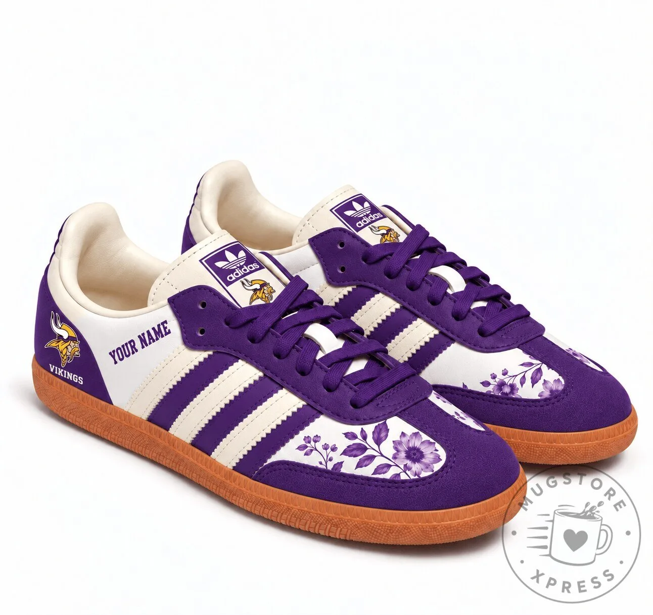 Minnesota Vikings Floral Heritage Custom Name Purple and White Samba Shoes 1 Minnesota Vikings Floral Heritage Custom Name Purple and White Samba Shoes