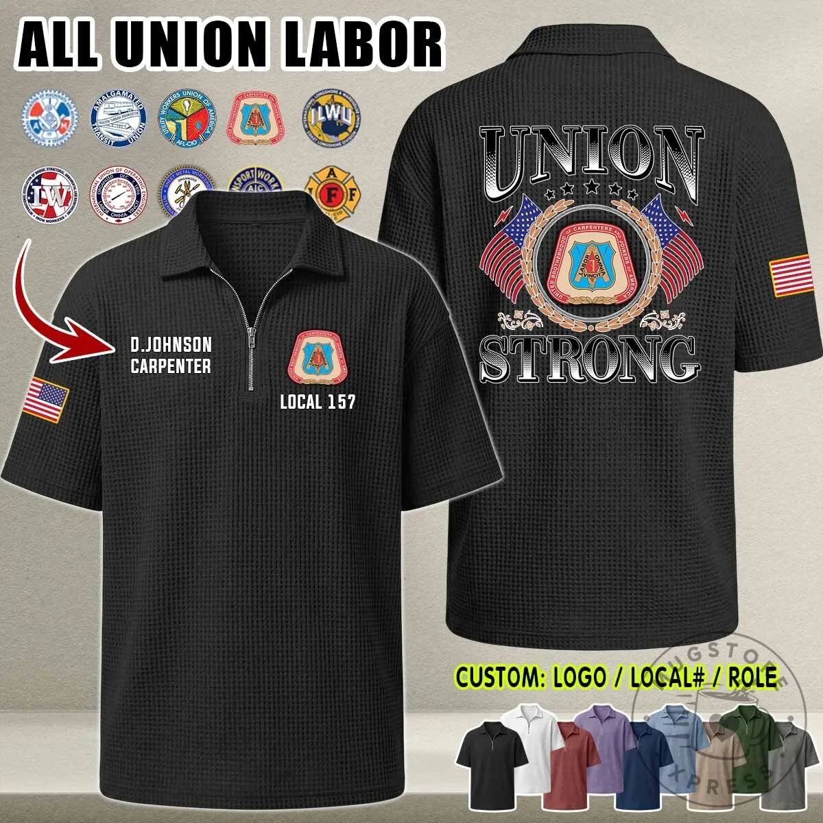 Union Strong Waffle Knit Half-Zip Polo Shirt for Labor Union Members 12 Union Strong Waffle Knit Half-Zip Polo Shirt for Labor Union Members