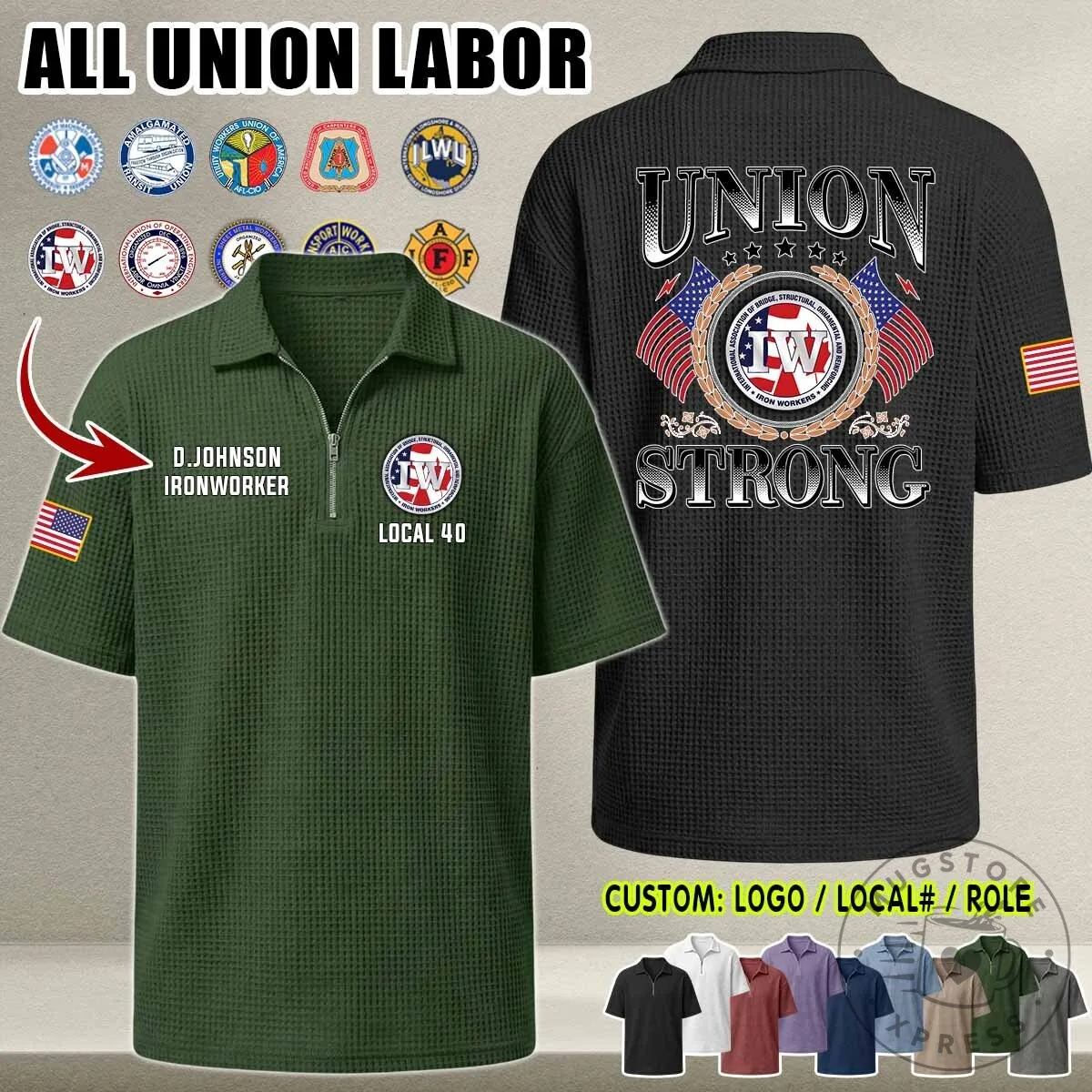 Union Strong Waffle Knit Half-Zip Polo Shirt for Labor Union Members 13 Union Strong Waffle Knit Half-Zip Polo Shirt for Labor Union Members