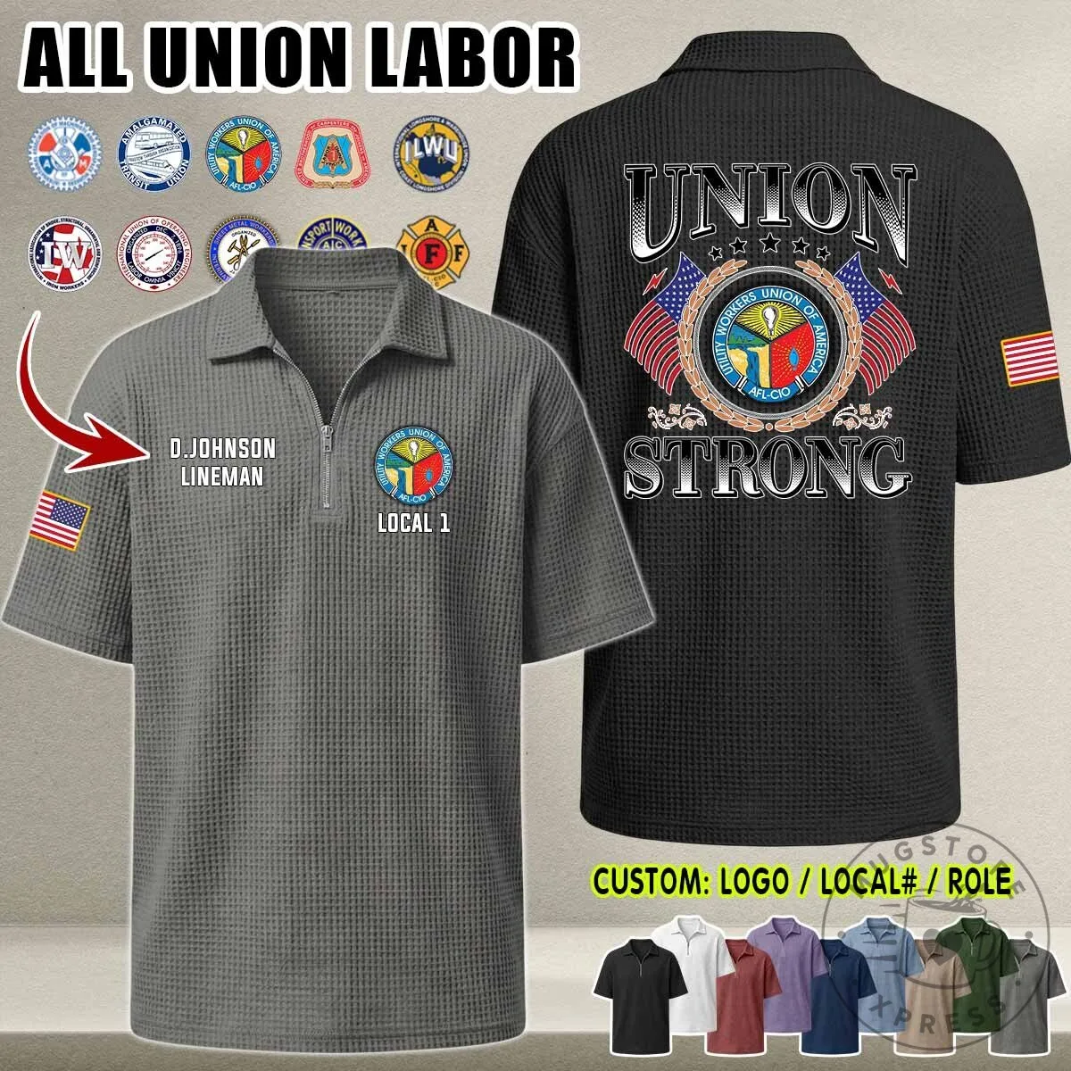 Union Strong Waffle Knit Half-Zip Polo Shirt for Labor Union Members 14 Union Strong Waffle Knit Half-Zip Polo Shirt for Labor Union Members