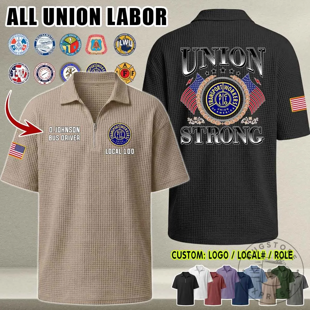 Union Strong Waffle Knit Half-Zip Polo Shirt for Labor Union Members 16 Union Strong Waffle Knit Half-Zip Polo Shirt for Labor Union Members