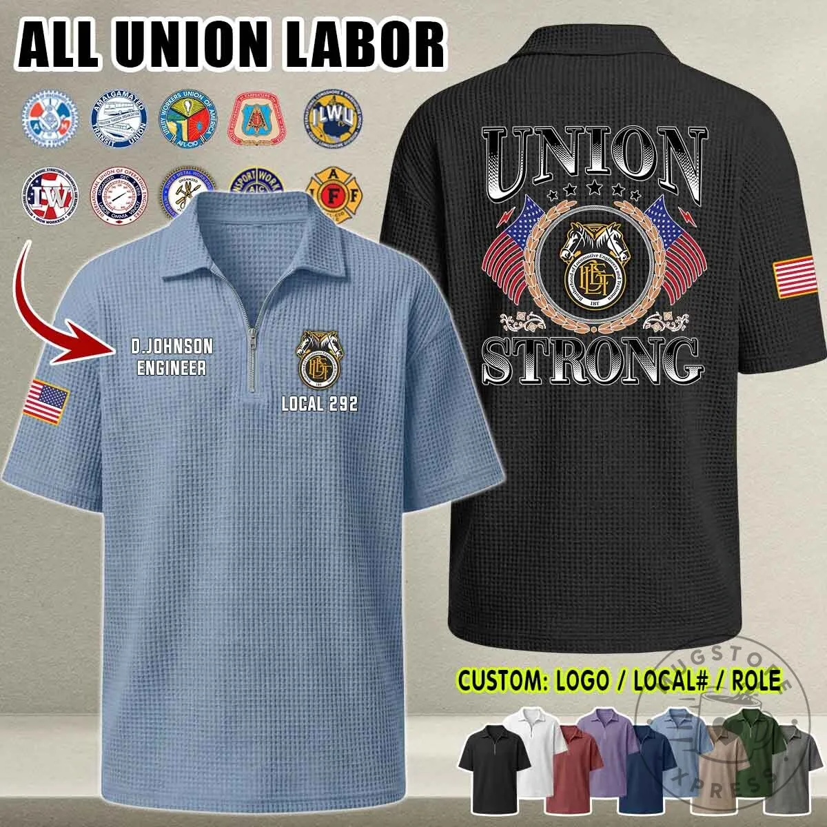 Union Strong Waffle Knit Half-Zip Polo Shirt for Labor Union Members 18 Union Strong Waffle Knit Half-Zip Polo Shirt for Labor Union Members