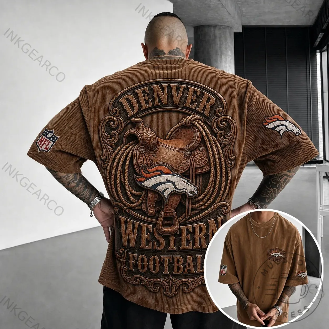 Denver Broncos Western Football Saddle Corduroy Oversized T-Shirt