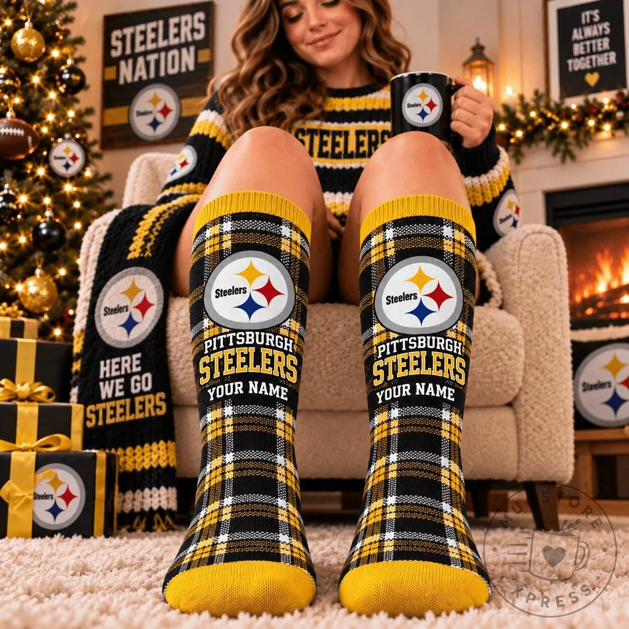 Pittsburgh Steelers Personalized Plaid Pattern Crew Socks 1 Pittsburgh Steelers Personalized Plaid Pattern Crew Socks