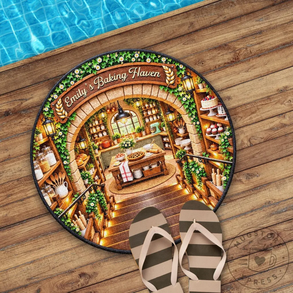 Personalized Baking Haven Kitchen Scene Round Doormat for Home Decor Personalized Baking Haven Kitchen Scene Round Doormat for Home Decor