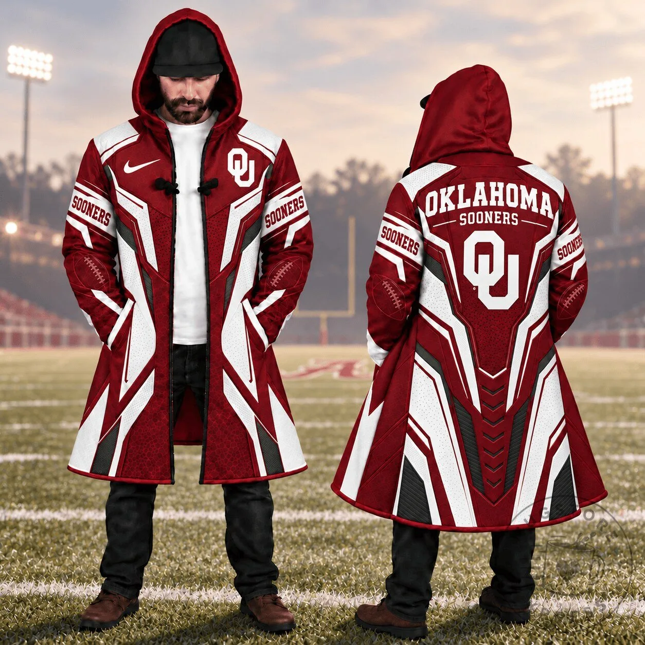 Oklahoma Sooners Football Team Red and White Fan Gear Cloak Jacket 2 Oklahoma Sooners Football Team Red and White Fan Gear Cloak Jacket