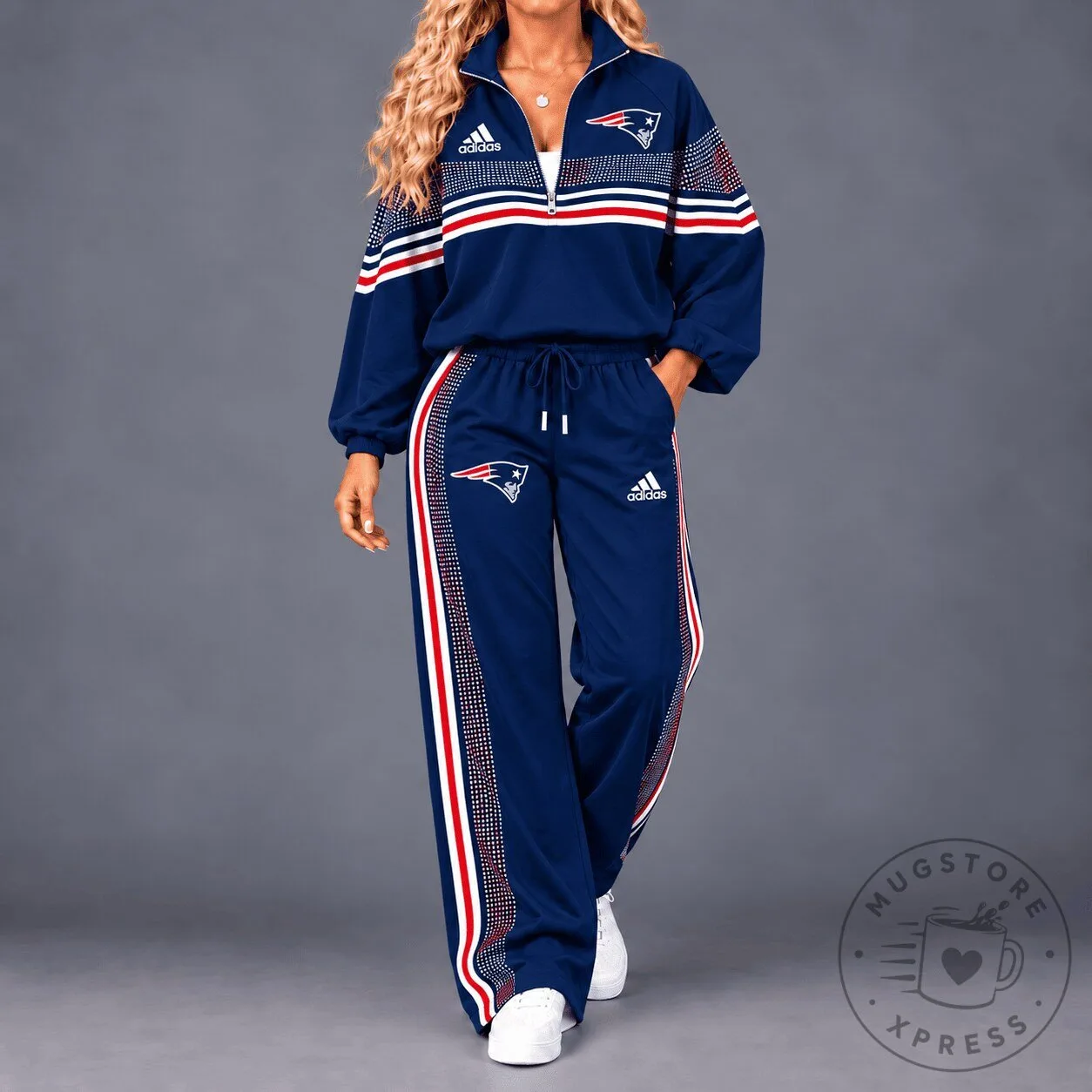 New England Patriots Quarter Zip Track Jacket with Red and White Stripes 1 New England Patriots Quarter Zip Track Jacket with Red and White Stripes