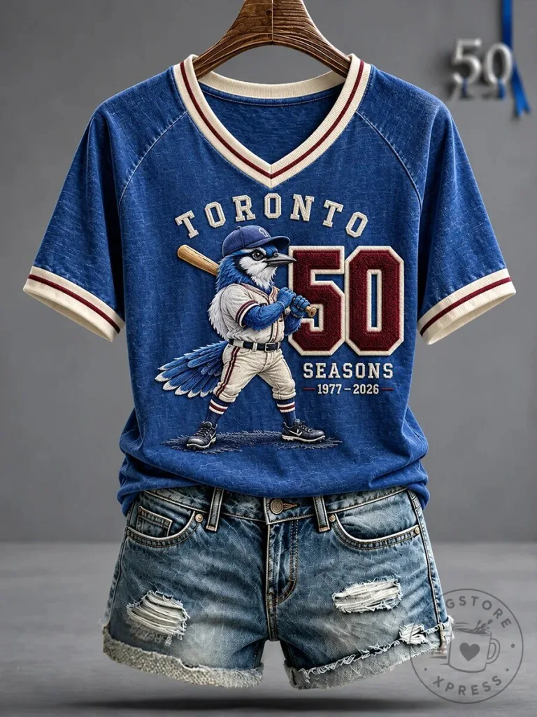 Toronto Blue Jays 50 Seasons Baseball Bird Mascot V-Neck T-Shirt