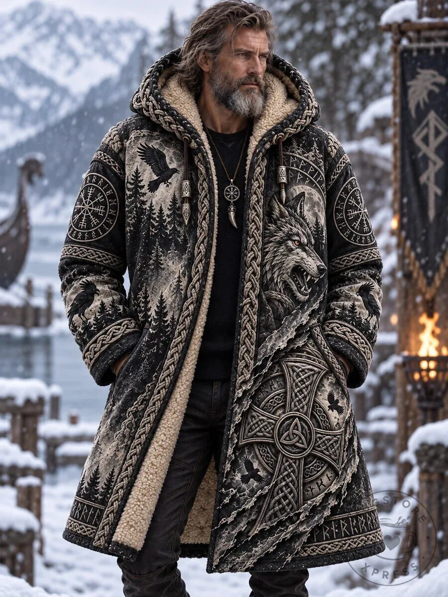 Viking Wolf and Raven Nordic Runes Winter Sherpa Fleece Lined Hoodie Jacket