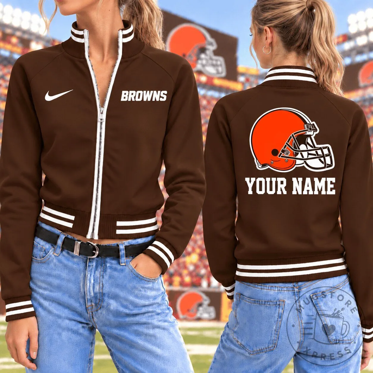 Custom Name and Number Bomber Jacket for Cleveland Browns Football Team