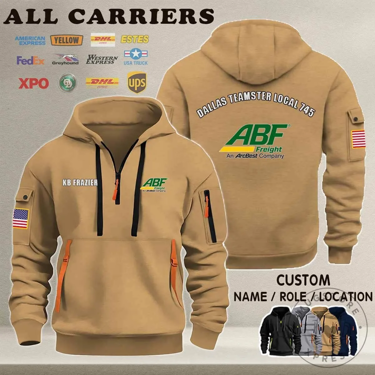 ABF Freight Dallas Teamster Local 745 Custom Name Tan Quarter Zip Hoodie