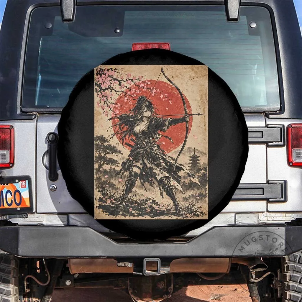 Japanese Samurai Archer Girl Vintage Ukiyo-e Style Kyudo Bowhunter Tire Cover