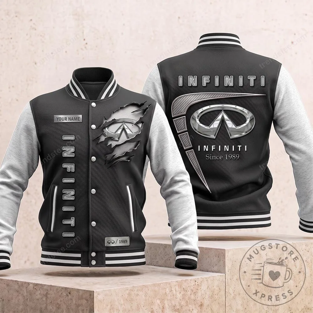 Infiniti Car Logo Personalized Name Black and White Varsity Jacket