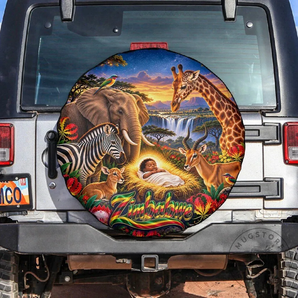 Zimbabwe Christmas Holy Family African Safari Wildlife Spare Tire Cover