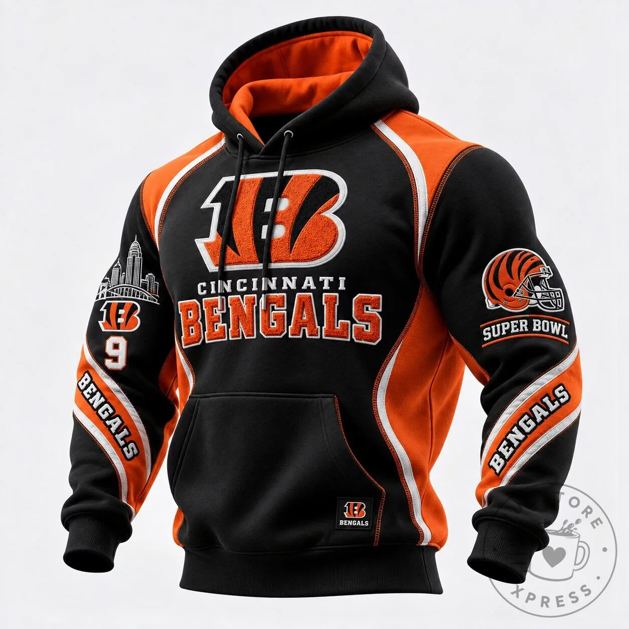 Cincinnati Bengals Super Bowl Football Team Black Orange White Hoodie 2 Cincinnati Bengals Super Bowl Football Team Black Orange White Hoodie
