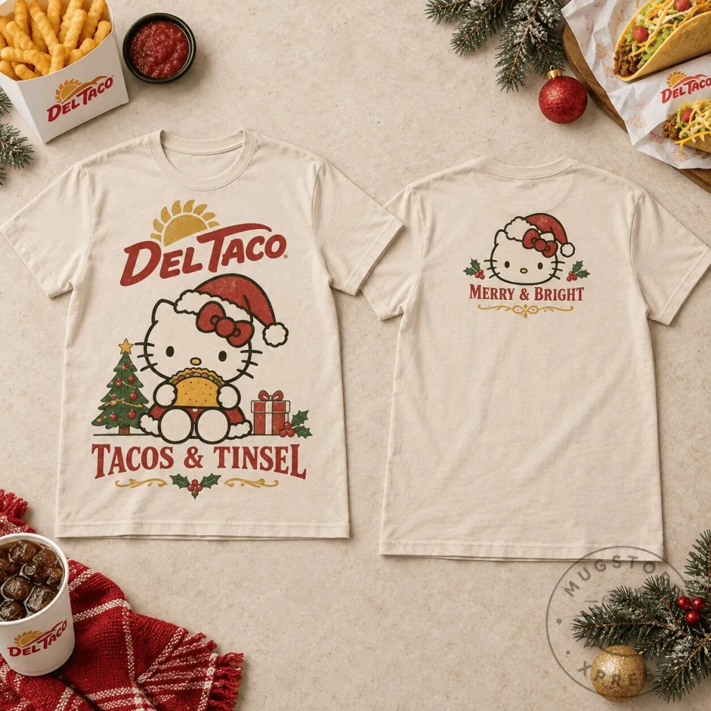 Del Taco Hello Kitty Tacos and Tinsel Merry and Bright Christmas T-Shirt Del Taco Hello Kitty Tacos and Tinsel Merry and Bright Christmas T-Shirt