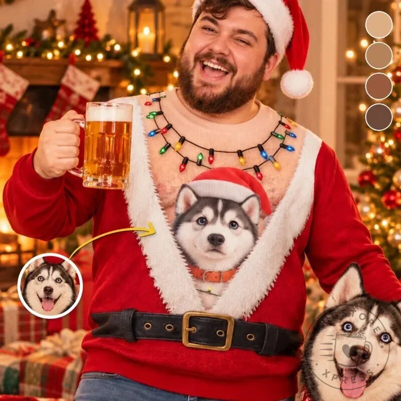 Funny Custom Pet Photo Christmas Santa Claus Ugly Holiday Sweatshirt