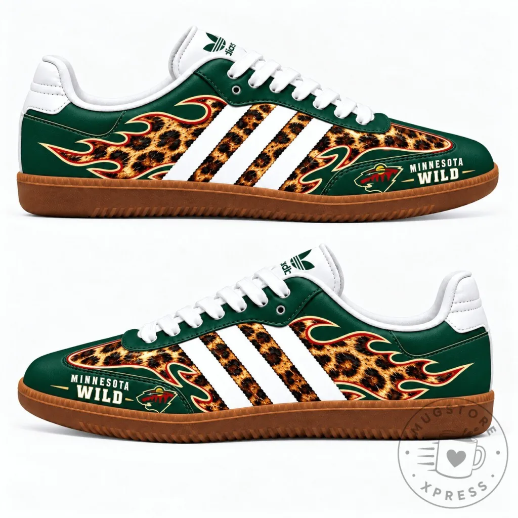 Minnesota Wild Leopard Print Flame Pattern Green and White Samba Shoes Minnesota Wild Leopard Print Flame Pattern Green and White Samba Shoes