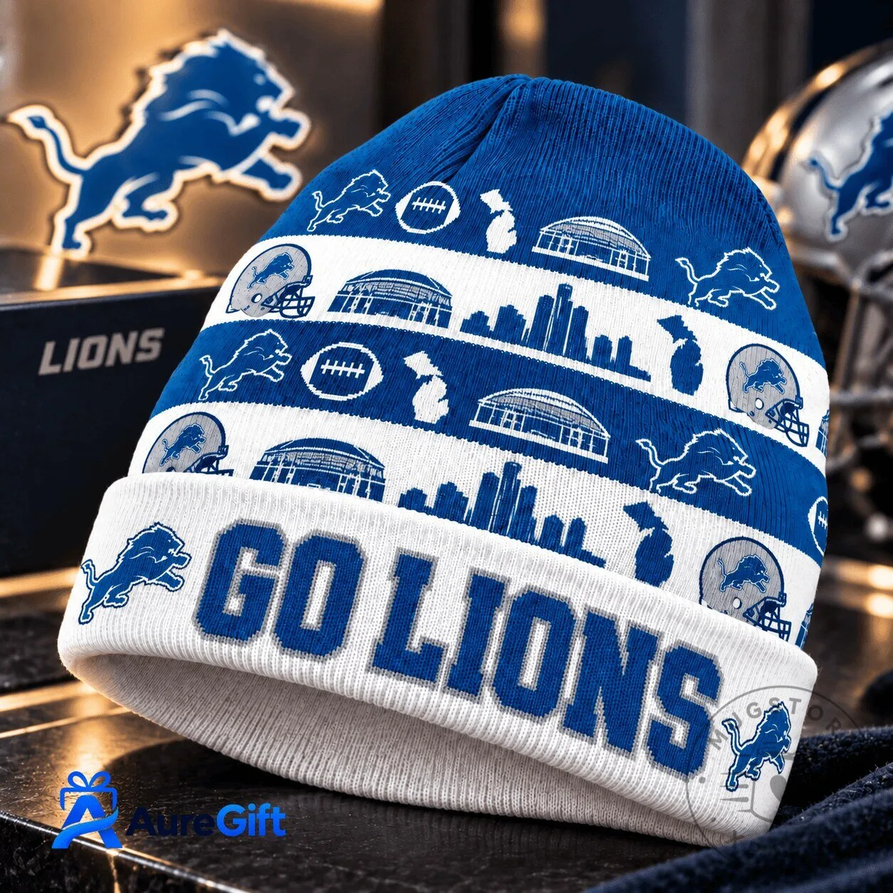 Detroit Lions NFL Football Go Lions Blue and White Winter Knit Beanie Hat 1 Detroit Lions NFL Football Go Lions Blue and White Winter Knit Beanie Hat