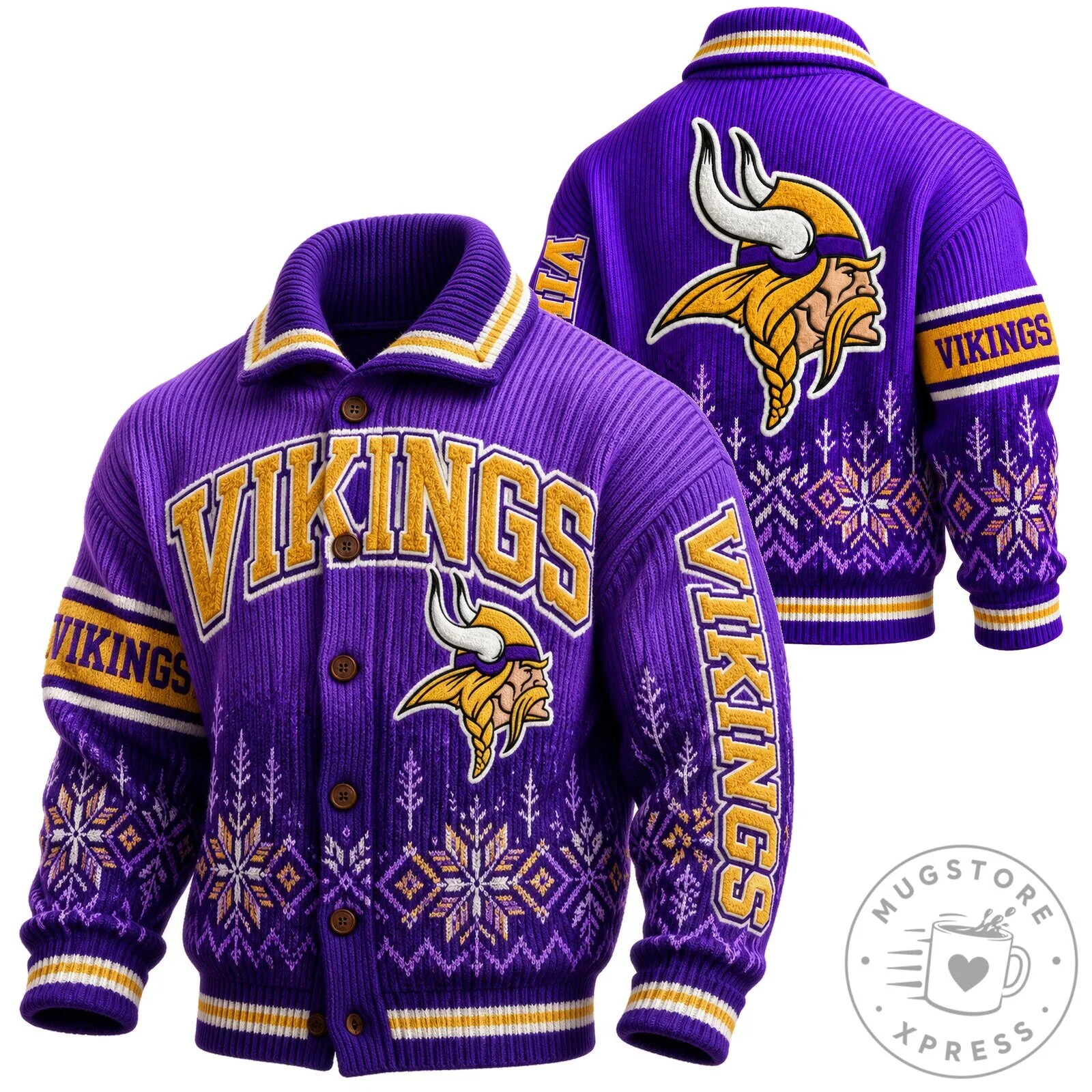 Knit Cardigan featuring Minnesota Vikings NFL Ugly Christmas Sweater Design 3 Knit Cardigan featuring Minnesota Vikings NFL Ugly Christmas Sweater Design