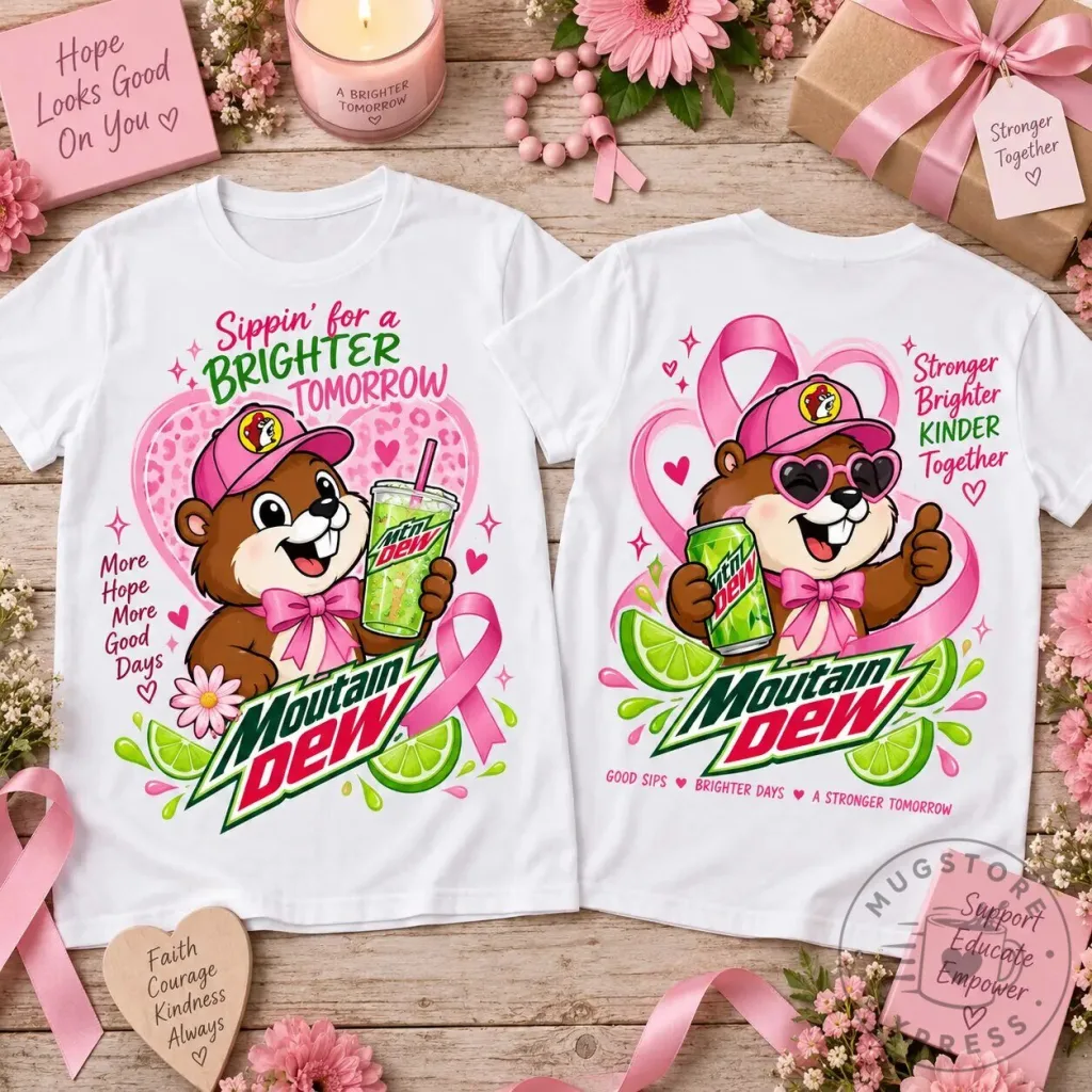 Buc-ee’s Mountain Dew Breast Cancer Awareness Pink Ribbon T-Shirt Buc-ee’s Mountain Dew Breast Cancer Awareness Pink Ribbon T-Shirt