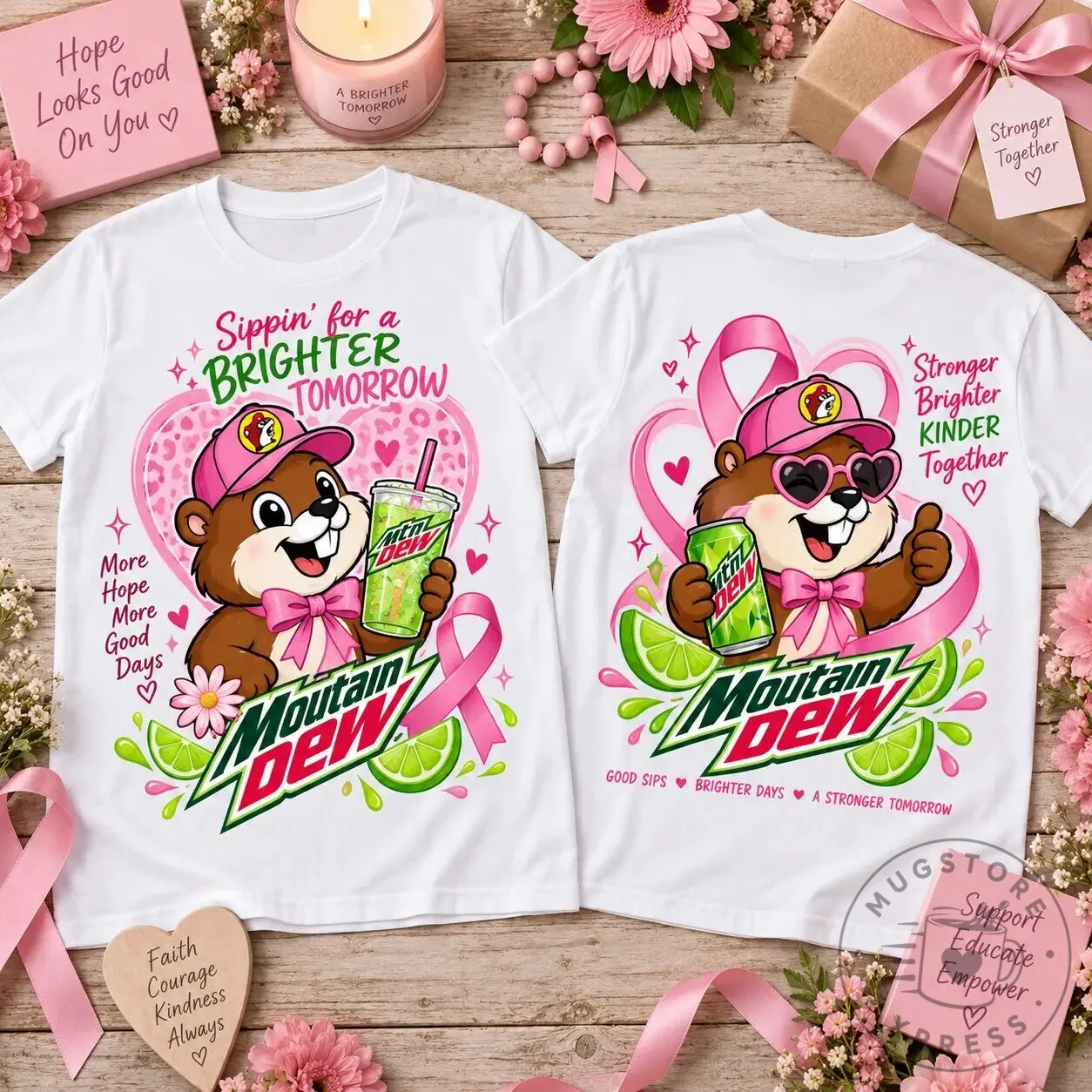 Buc-ee’s Mountain Dew Breast Cancer Awareness Pink Ribbon T-Shirt