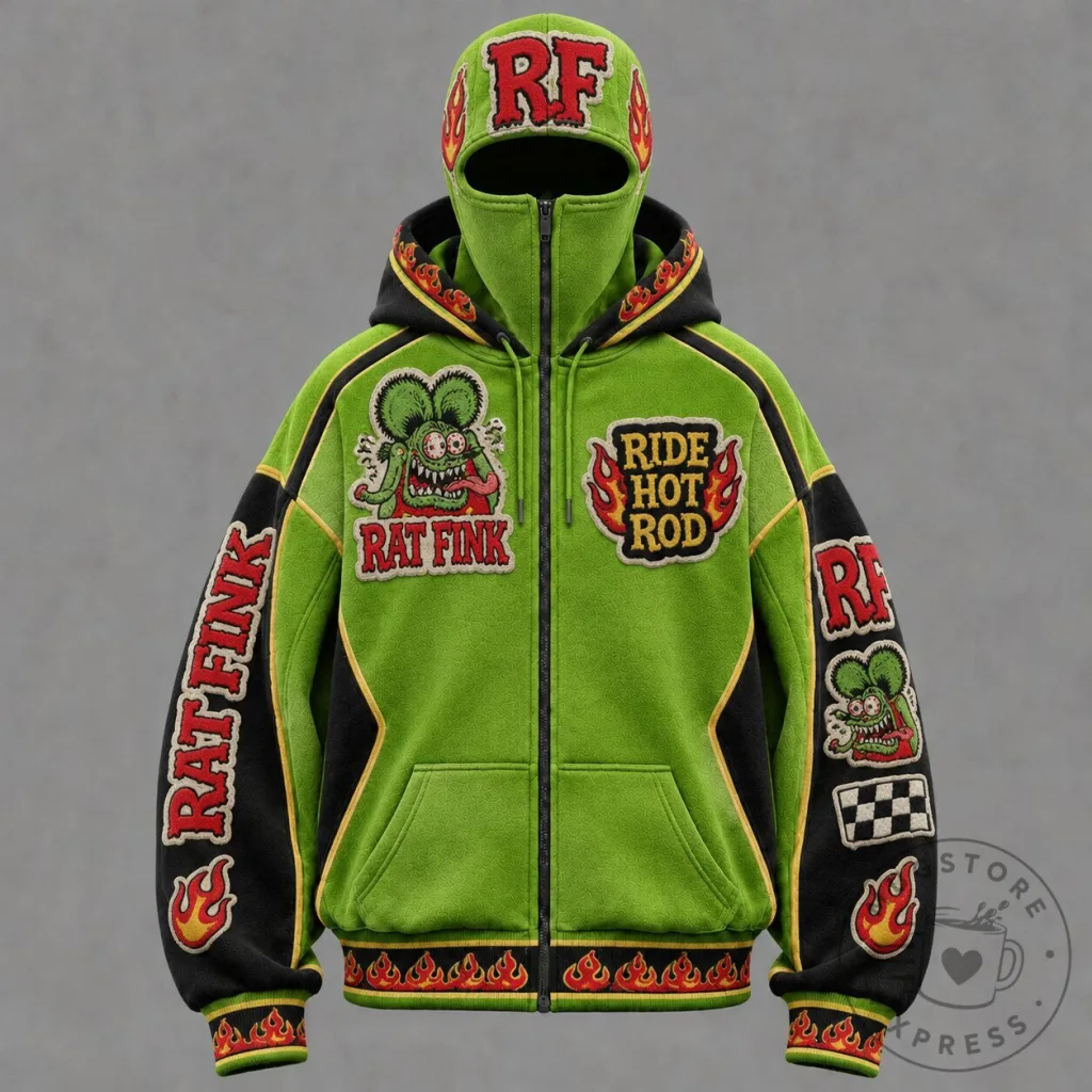 Rat Fink Ride Hot Rod Flame Racing Green Balaclava Zip-Up Hoodie Rat Fink Ride Hot Rod Flame Racing Green Balaclava Zip-Up Hoodie