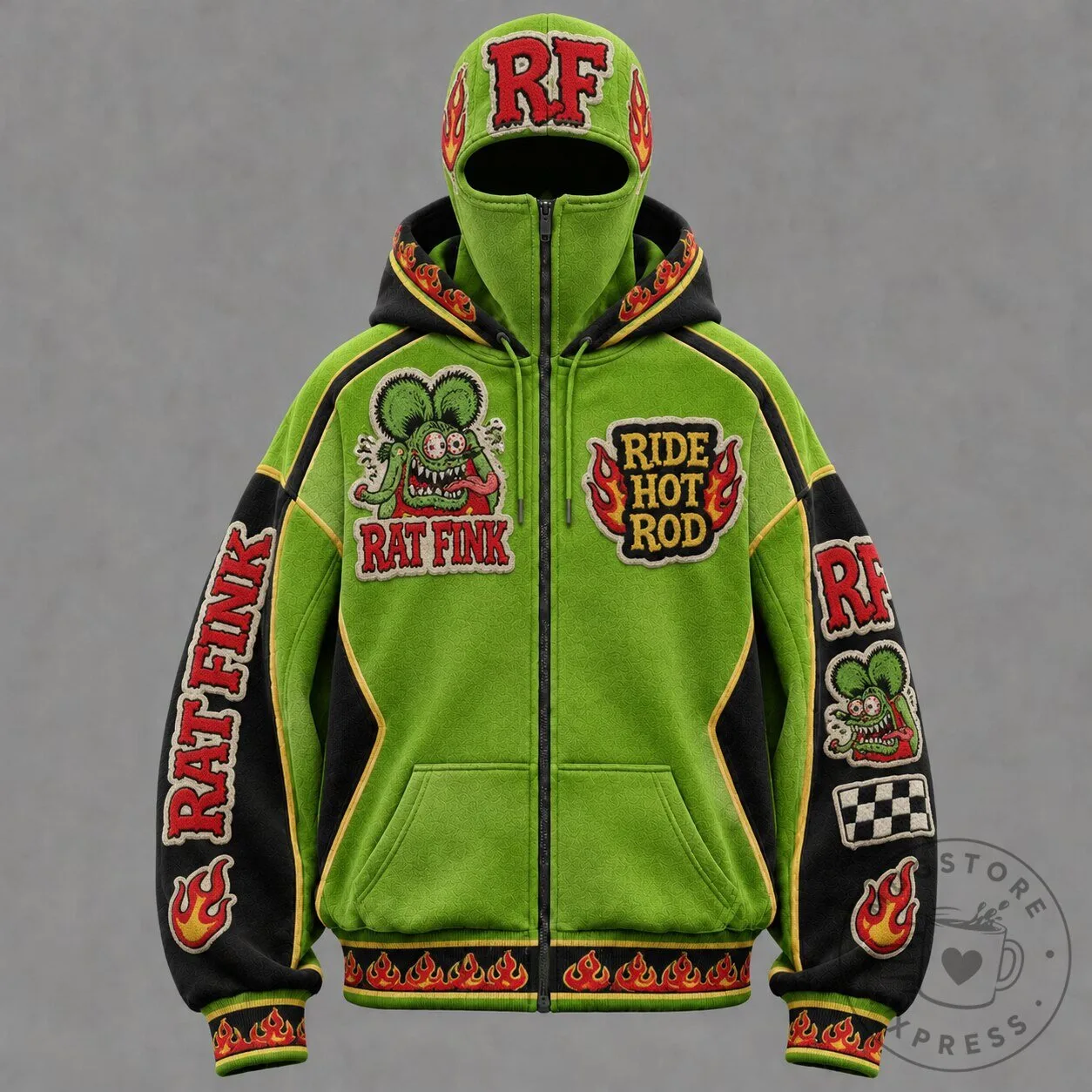 Rat Fink Ride Hot Rod Flame Racing Green Balaclava Zip-Up Hoodie 2 Rat Fink Ride Hot Rod Flame Racing Green Balaclava Zip-Up Hoodie
