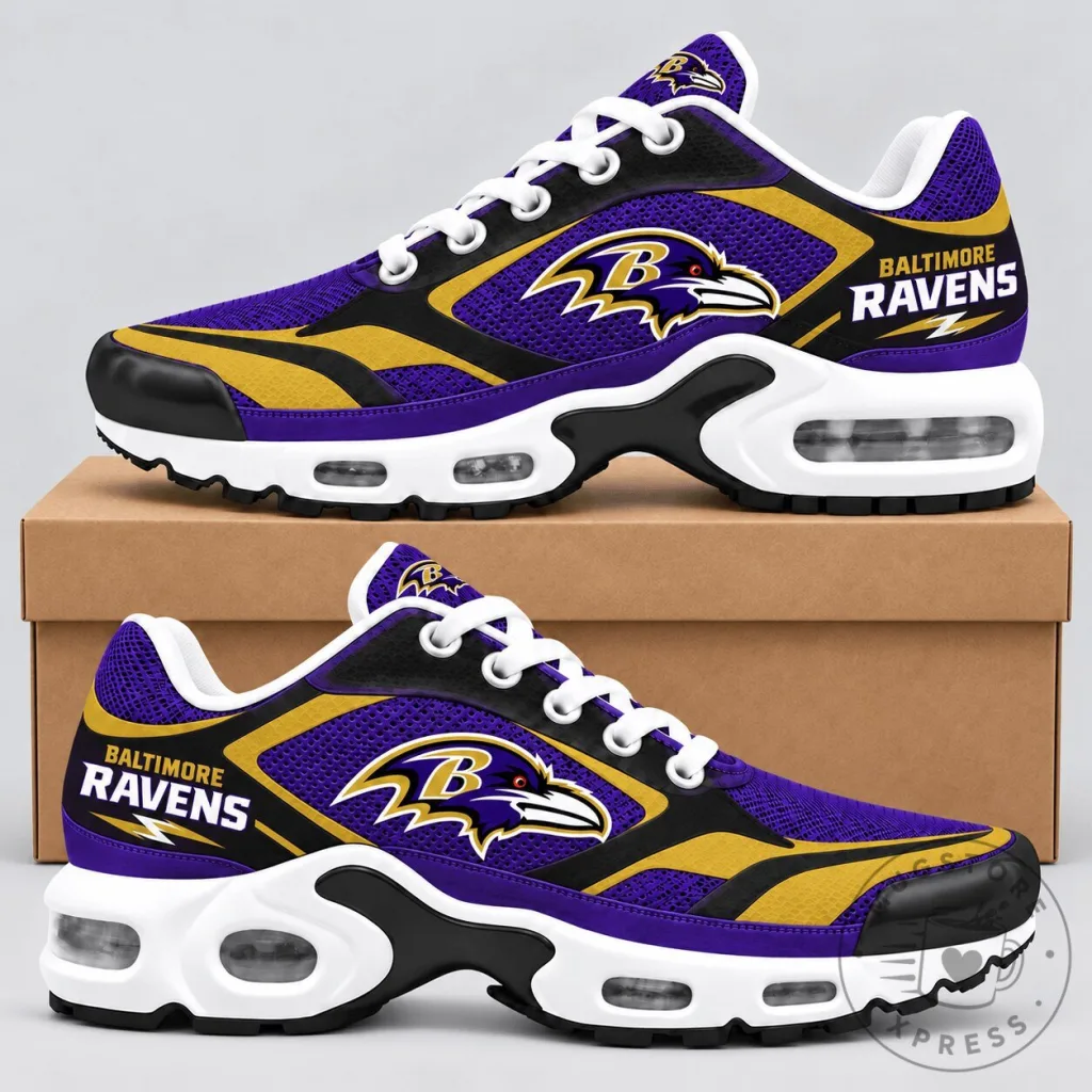 Baltimore Ravens NFL Team Logo Purple Gold Air Max Running Shoes Baltimore Ravens NFL Team Logo Purple Gold Air Max Running Shoes