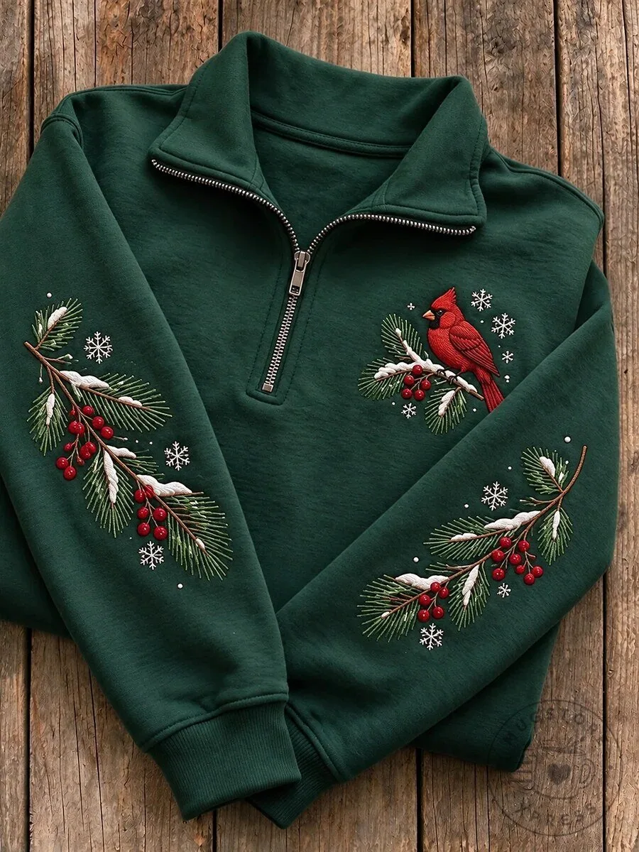 Snowy Winter Red Cardinal On Branch Embroidered Quarter Zip Sweatshirt 5 Snowy Winter Red Cardinal On Branch Embroidered Quarter Zip Sweatshirt