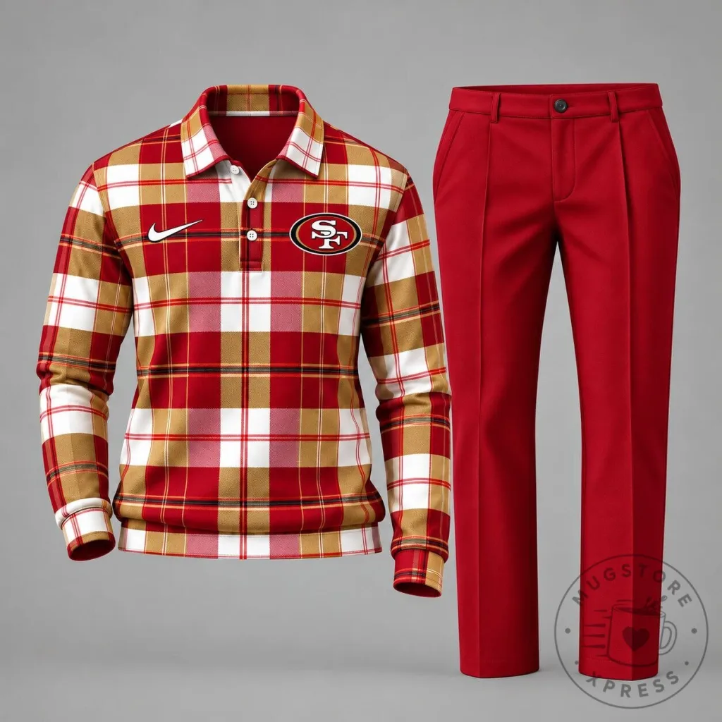 San Francisco 49ers Plaid Long Sleeve Polo Shirt for Men San Francisco 49ers Plaid Long Sleeve Polo Shirt for Men
