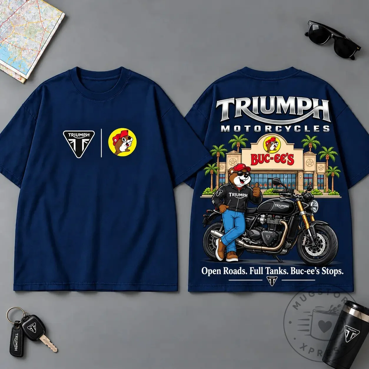 Triumph Motorcycles Buc-ee's Open Roads Full Tanks Graphic T-Shirt 1 Triumph Motorcycles Buc-ee's Open Roads Full Tanks Graphic T-Shirt