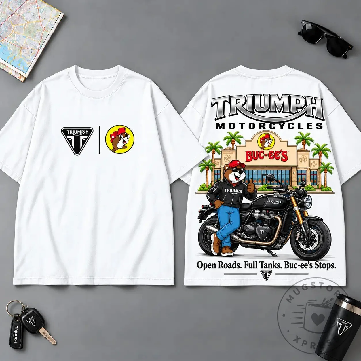 Triumph Motorcycles Buc-ee's Open Roads Full Tanks Graphic T-Shirt 9 Triumph Motorcycles Buc-ee