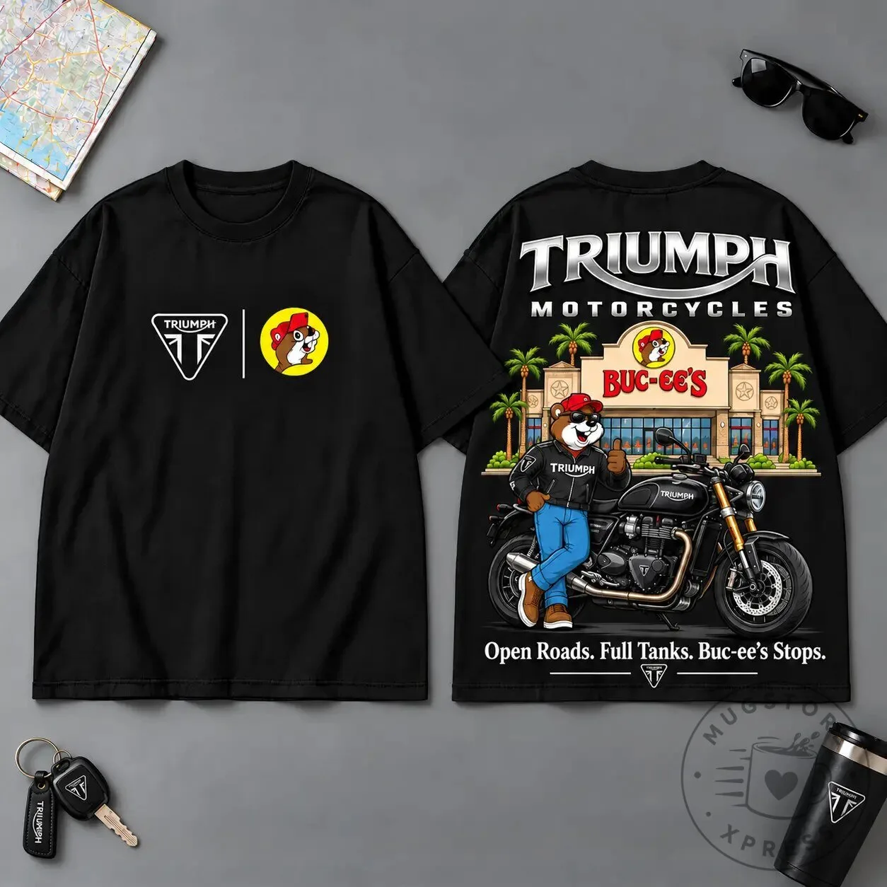 Triumph Motorcycles Buc-ee's Open Roads Full Tanks Graphic T-Shirt 10 Triumph Motorcycles Buc-ee