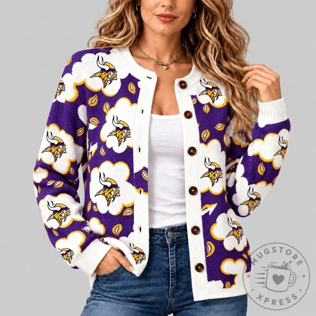 Minnesota Vikings NFL Football Team Patterned Knit Cardigan Sweater Minnesota Vikings NFL Football Team Patterned Knit Cardigan Sweater