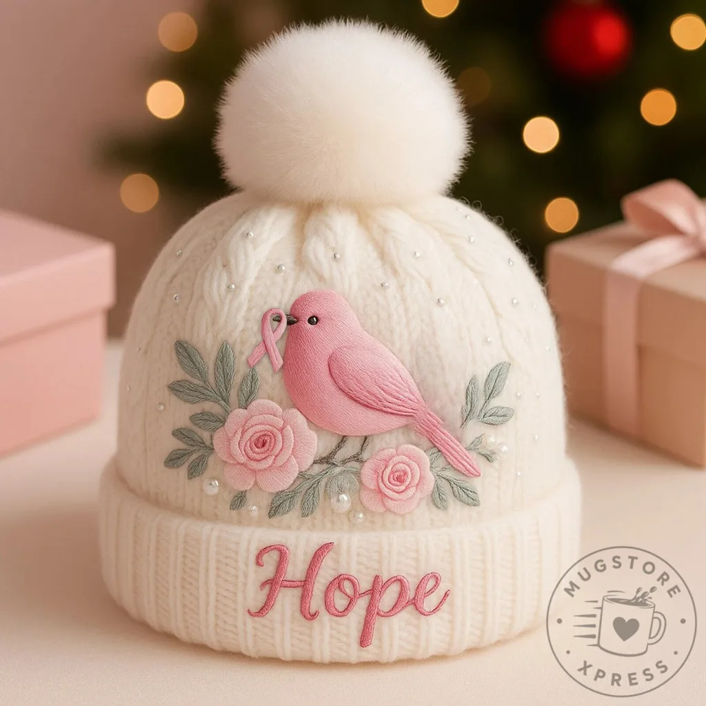 Breast Cancer Awareness Hope Bird Pink Ribbon Pom Pom Knit Cap Hat Breast Cancer Awareness Hope Bird Pink Ribbon Pom Pom Knit Cap Hat