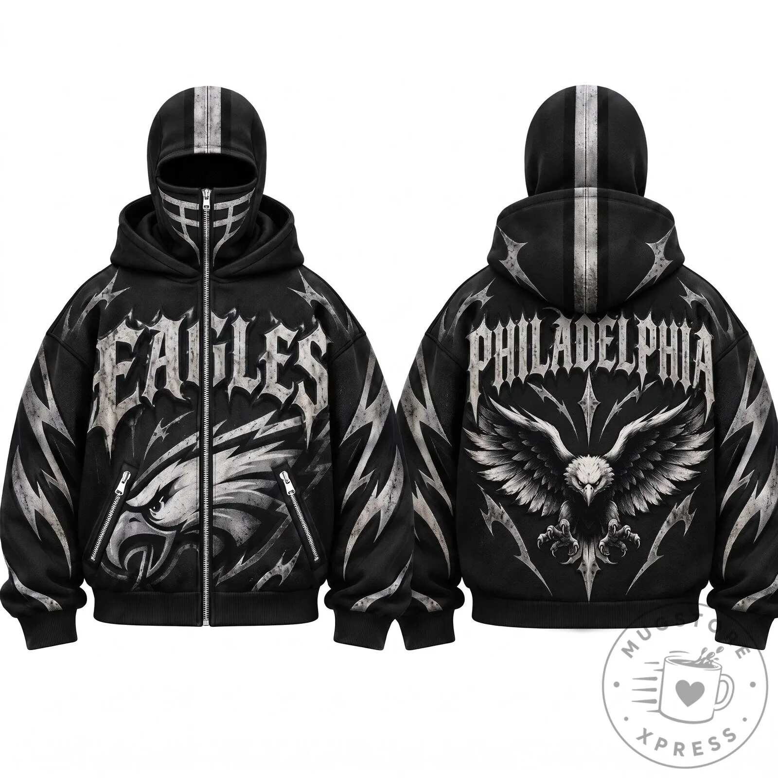 Gothic Style Zip Up Hoodie with Mask - Philadelphia Eagles Design
