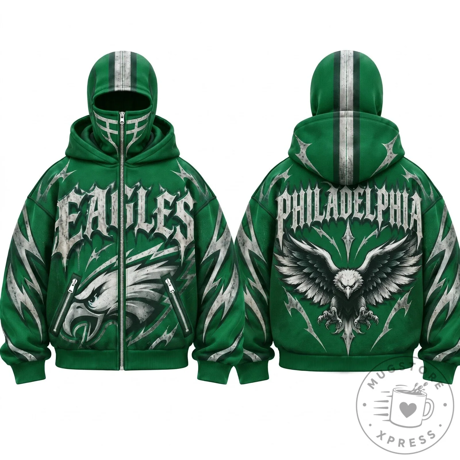 Gothic Style Zip Up Hoodie with Mask - Philadelphia Eagles Design 7 Gothic Style Zip Up Hoodie with Mask - Philadelphia Eagles Design