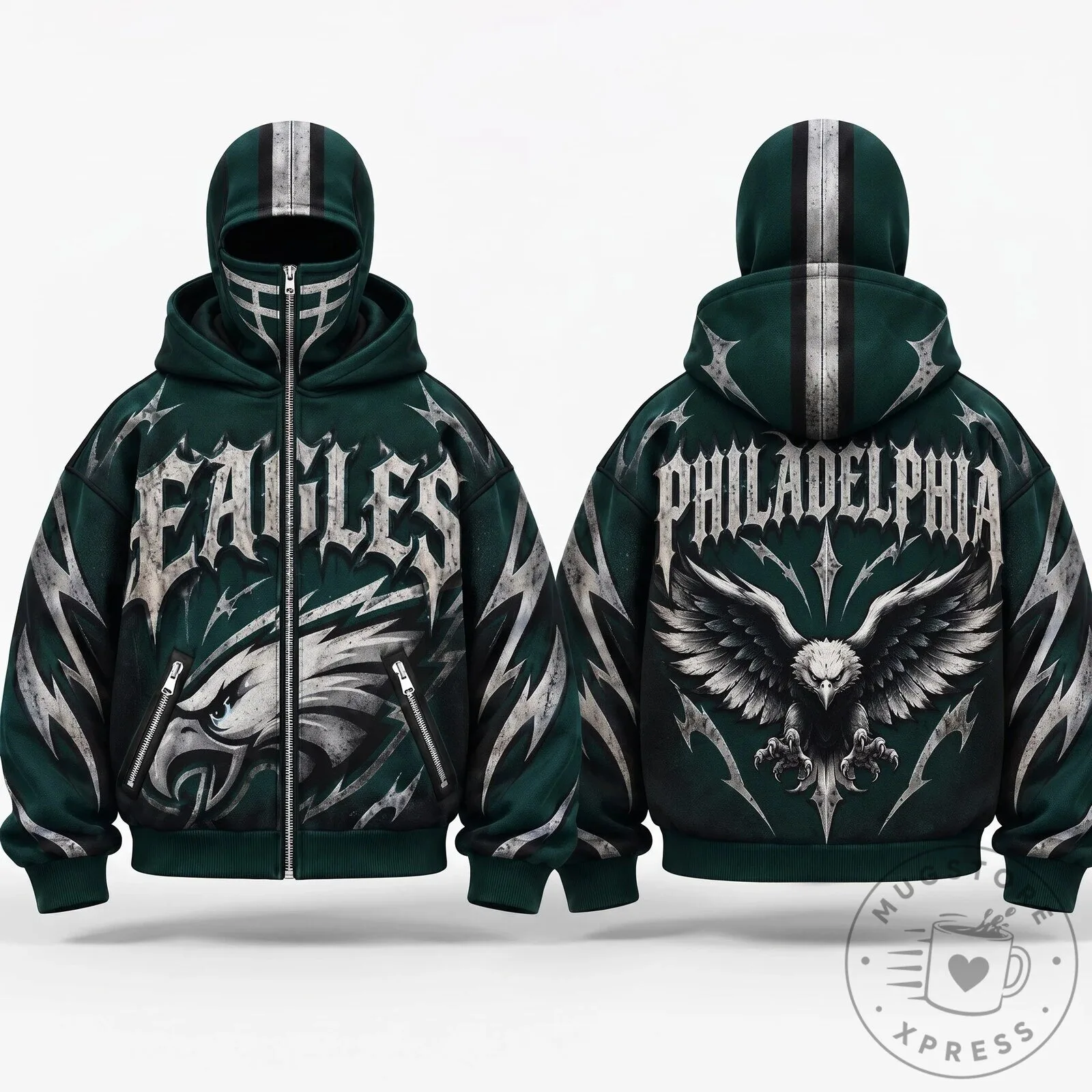 Gothic Style Zip Up Hoodie with Mask - Philadelphia Eagles Design 8 Gothic Style Zip Up Hoodie with Mask - Philadelphia Eagles Design