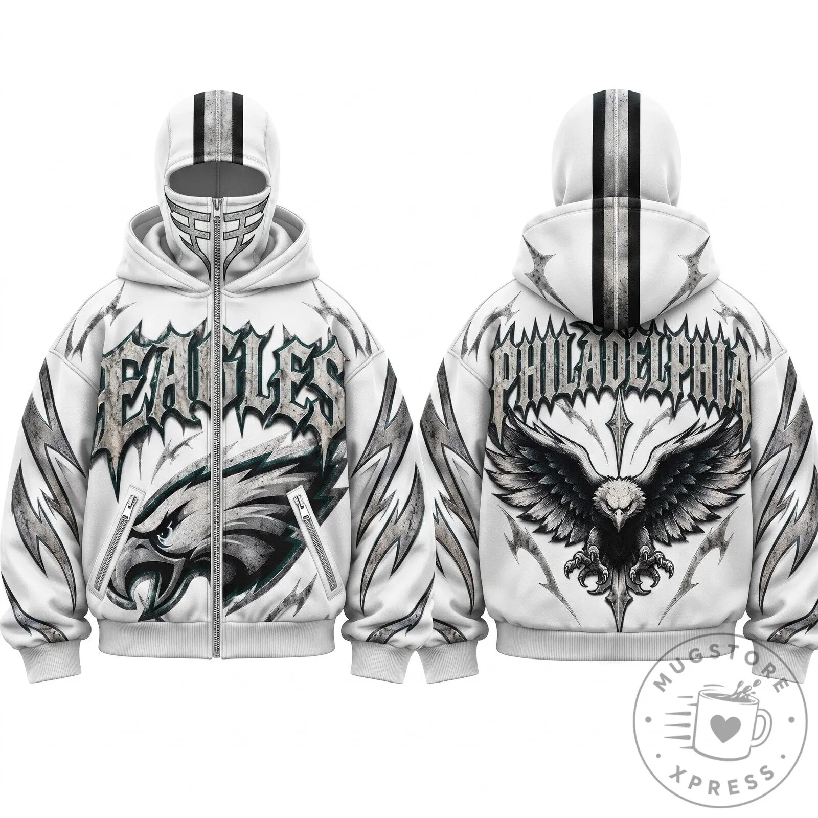Gothic Style Zip Up Hoodie with Mask - Philadelphia Eagles Design 9 Gothic Style Zip Up Hoodie with Mask - Philadelphia Eagles Design