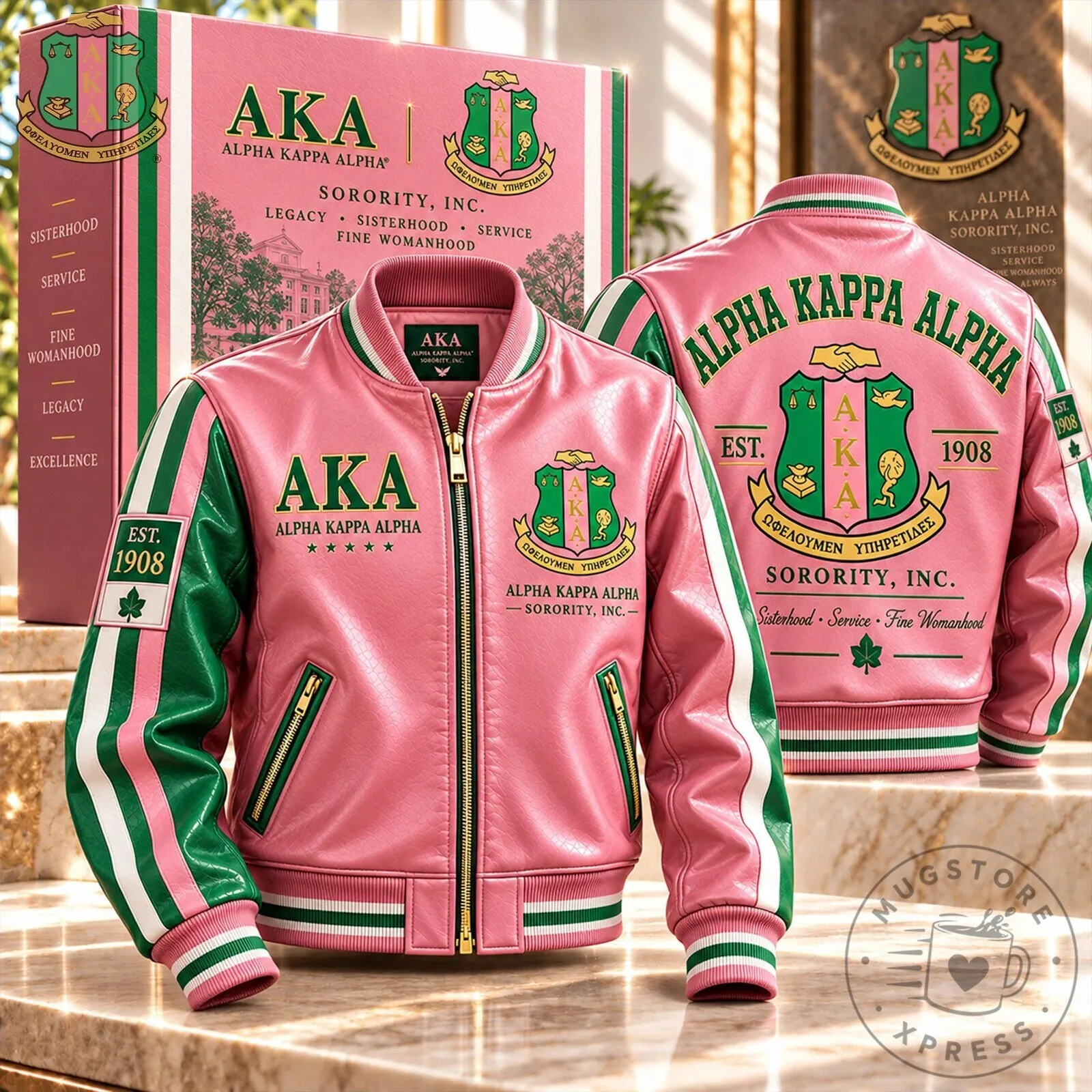 Alpha Kappa Alpha Sorority Pink and Green Varsity Bomber Jacket 1 Alpha Kappa Alpha Sorority Pink and Green Varsity Bomber Jacket