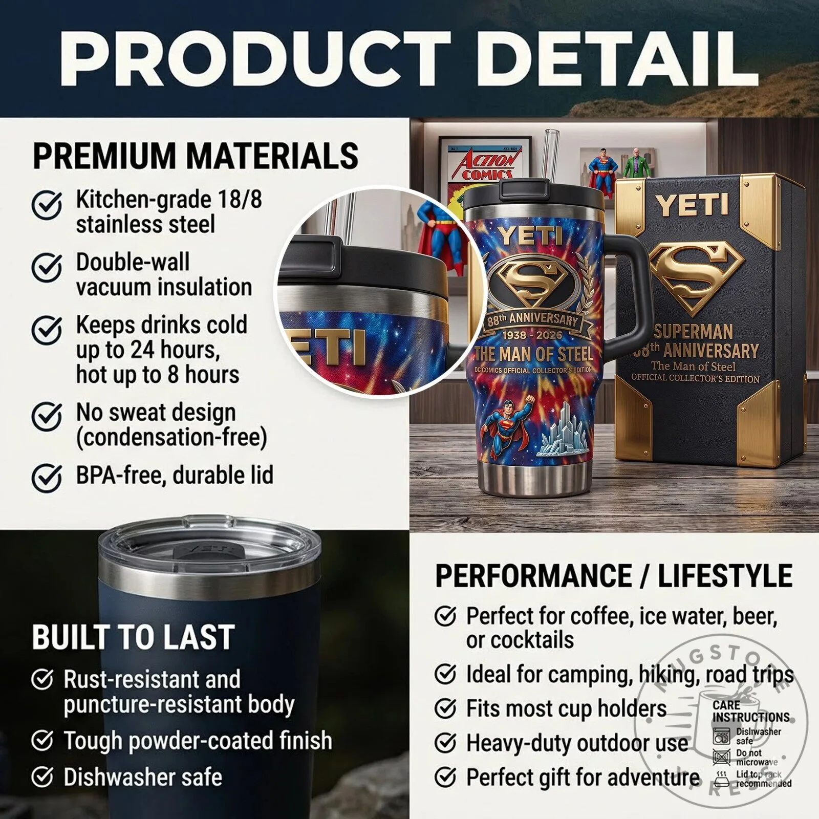 Superman The Man of Steel 88th Anniversary Stainless Steel Tumbler with Handle