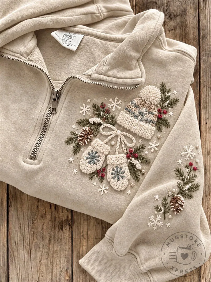 Christmas Snowy Winter Cozy Elements Embroidered Quarter Zip Sweatshirt