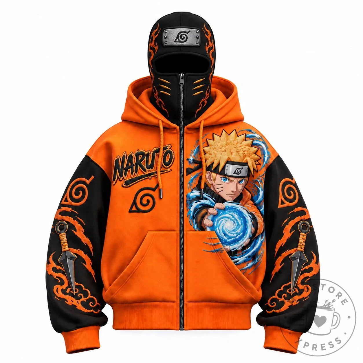 Naruto Uzumaki Shippuden Anime Graphic Full-Zip Hooded Sweatshirt with Balaclava